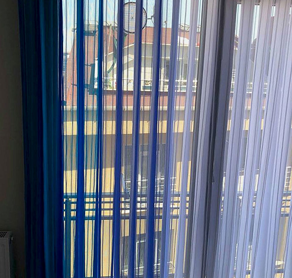 Yeni Dikey Tül Perde Mavi Beyaz